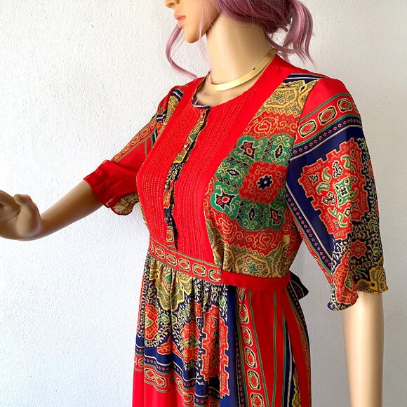 Long Red Bohemian Dress Summer Hippie Multicolored Maxi Dress Tie Back Dress - Picture 8 of 10
